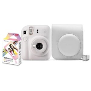 Kit Câmera Instax Mini 12 com pack 10 fotos Macaron e Bolsa Branco Marfim