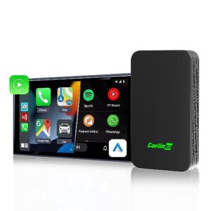 Adaptador CarlinKit 5.0 sem fios para CarPlay e Android Auto. Suporta conexão sem fio e com fio para CarPlay, assim como para Android Auto. Possui design compacto e suporte para atualização online