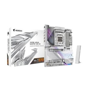 GIGABYTE Placa mãe X870E AORUS Master X3D ICE AMD AM5 LGA 1718 ATX, suporta processadores AMD Ryzen 9000/8000/7000, DDR5, fase de alimentação 18+2+2, 5X M.2, PCIe 5.0, WIFI7, 10GbE, garantia de 5 anos
