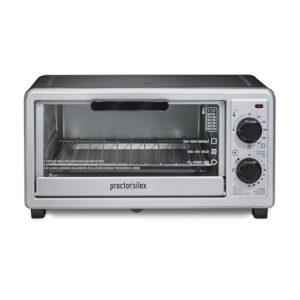 Torradeira Proctor Silex 4 Slice Countertop, multifunções com assar, torrada e grelha, 1100 Watts, temporizador de 30 minutos e desligamento automático, inclui bandeja e rack, preto e prata (31260)