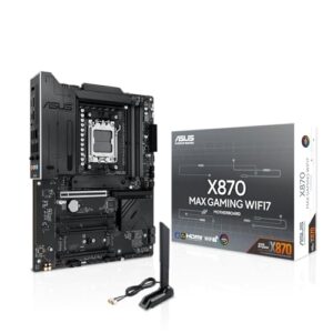 ASUS Placa mãe X870 MAX Gaming WIFI7 AMD AM5 ATX, 12+2+1 80A DrMOS, DDR5, PCIe 5.0 x16 Q-Release, 3X M.2, Wi-Fi 7 Q-Antenna, LAN 2,5 GB, USB4® Type-C®, USB-C® 20Gbps, BIOS Flashback™, Aura Sync