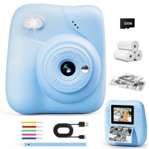 CAMCLID Impressão instantânea para câmera infantil, câmera instantânea HD 1080p com cartão de 32 G e 3 rolos de papel, brinquedo portátil para crianças, presentes de aniversário de Natal para meninos