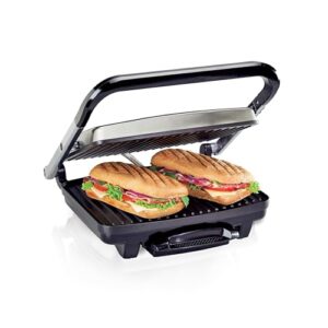 Hamilton Beach Panini Press, Sandwich Maker & Electric Indoor Grill, Armazenamento vertical, Grades Antiaderentes de fácil limpeza, Aço Inoxidável (25410)