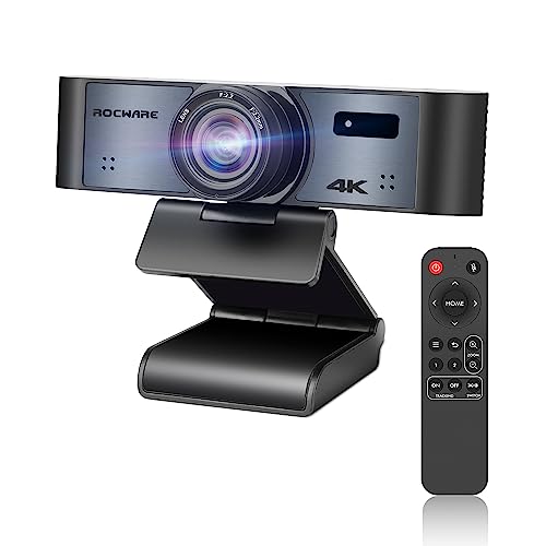 ROCWARE Webcam 4K com controle remoto, câmera de computador RC16 com microfone, 1080p 60fps FHD, rastreamento AI, capa de privacidade, WDR, 110°FOV, zoom digital 8X, câmera de streaming para