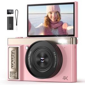 Câmera digital 4K rosa para meninas adolescentes: Câmera vlogging de 64 MP com tela flip - Zoom de 16X - Câmera compacta fofa para fotografia e YouTube - Presente estético de apontar e fotografar para