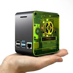 ElectroCookie Capa para Raspberry Pi 4, capa de alumínio de mesa em miniatura com ventilador de resfriamento e luz ambiente que muda de cor (preto fosco e neon)