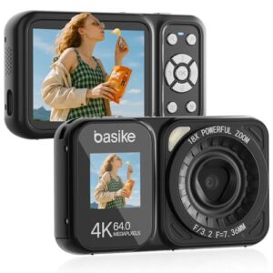 Basike Câmera Fotográfica Digital 4K UHD 64MP, Zoom 18X, Foco Automático e Efeitos Criativos, Vídeo Nítido, para Jovens, Aventuras e Uso Diário, Portátil, Resistente e Fácil – Preto