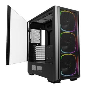 MONTECH Sky Two GX, E-ATX capa de torre média, alto desempenho de fluxo de ar, ventiladores PWM ARGB de 3 x 140 mm pré-instalados, painel de vidro temperado, malha de metal frontal - preto