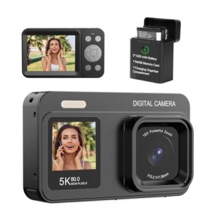 Câmera digital de tela dupla 5K atualizada, câmera fotográfica Vlog de 80 MP para YouTube, campus, viagens, câmera compacta de apontar e fotografar para adolescentes e iniciantes com foco automático
