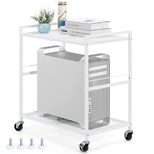 YBING Suporte branco para torre de computador, suporte de 2 níveis, para CPU com rodas, metal para computador móvel, torre, carrinho com rodinhas para PC, para fax, home office