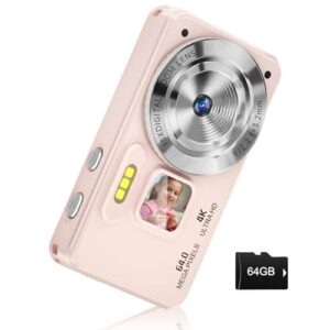 Câmera digital, foco automático 4K 64 MP apontar e fotografar câmeras digitais para adolescentes com cartão de 64 GB, câmera de vídeo compacta antivibração com zoom 18X para estudantes, crianças,