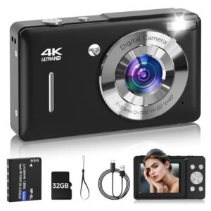 SMARTKLIK Câmera Digital FHD 1080p 44MP com Detecção de Rosto, Captura de Sorriso, Zoom 18x, 20 Filtros, Antivibração, Câmera Compacta Vintage Preta para Adolescentes e Meninas