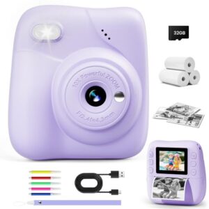 CAMCLID Impressão instantânea para câmera infantil, câmera instantânea HD 1080p com cartão de 32 G e 3 rolos de papel, brinquedo portátil para crianças, presentes de aniversário de Natal para meninos