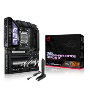 Placa ROG Crosshair X870E Hero BTF AMD ATX com design de conector oculto e slot GPU de alta potência para gerenciamento limpo de cabos, alimentação 18+2+2, DDR5, WiFi 7, 5X M.2, PCIe 5.0, USB4