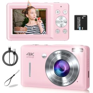 Câmera digital, câmera compacta de 44 MP, câmeras digitais FHD 1080p Point and Shoot com zoom de 16X, detecção de rosto, captura de sorriso, antivibração, para meninos, meninas, adolescentes (rosa)