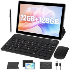 Tablet Android com capa protetora de teclado, mouse Stylus de 10 polegadas, conjunto de tablets 2 em 1, 12 GB + 128 GB/1 TB, câmera dupla, expansível, PC, tela HD de 10,1 polegadas, 6000 mAh, bateria
