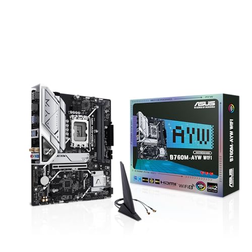 ASUS B760M-AYW WiFi, uma placa-mãe Intel® B760 LGA 1700 mATX com PCIe 4.0, dois slots PCIe 4.0 M.2, DDR5, Realtek 2.5Gb Ethernet, WiFi 6, HDMI™, SATA 6 Gbps, USB frontal 3.2 Gen 1, Aura Sync