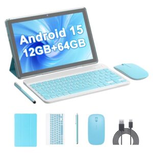 HOTTABLET Kit de tablet Android 15 de 10 polegadas com capa/caneta, 12 (4 + 8 expansões) GB de RAM + 64 GB de ROM, câmera dupla de 2 + 8 MP, bateria de 6000 mAh (tablet + estojo + caneta stylus +