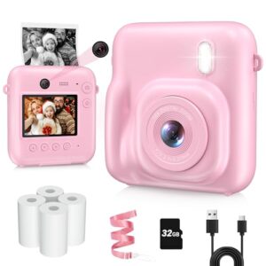 Câmera infantil com impressão instantânea, lente dupla 48 MP para presentes de aniversário de Natal, câmeras instantâneas de selfie 1080p para crianças com cartão de 32 GB, câmera digital de impressão