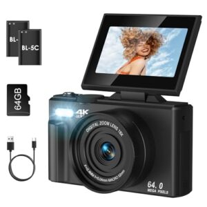 LAMA Câmera digital 4K UHD de 75 MP para fotografia – zoom 18x, foco automático, 64 GB, câmera vlogging WiFi antivibração com luz de preenchimento, câmera de viagem compacta Vlog com tela flip 180