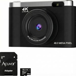 Acuvar Câmera Digital 4K Para Fotografia Com Foco Automático, Vlog De 48 Mp No Youtube, Cartão Sd 64 Gb, Tela Flip 2,8", Zoom Compacto Viagem 8X, Flash, Antivibração, Bateria Recarregável