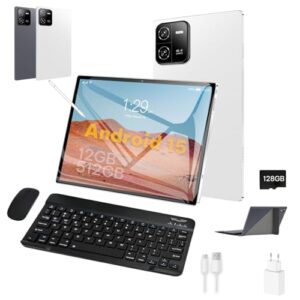 3 em 1 Tablet, com Capa/Teclado/Mouse, 10.1 Polegada, 1920×1200 Tela, 1920x1200 Tela Processador Octa-Core, 12GB RAM+512GB ROM, Câmera de 16MP + 32MP, Android 15, 8000mAh, Versão WiFi (branco)