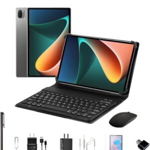 3 em 1 Tablet Pad 5 Pro, 10.1 Polegada Android 13 Tablet, 8GB+256GB com Teclado Capa Mouse, Processador Octa-Core, 32MP/16MP Câmera 8800mAh Bateria Dual SIM Slot (Cinza)