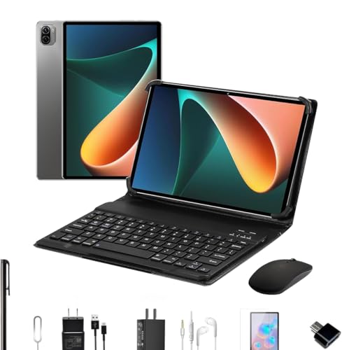 3 em 1 Tablet Pad 5 Pro, 10.1 Polegada Android 13 Tablet, 8GB+256GB com Teclado Capa Mouse, Processador Octa-Core, 32MP/16MP Câmera 8800mAh Bateria Dual SIM Slot (Cinza)