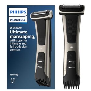 Philips Norelco Bodygroom série 7000, aparador de virilha e corpo à prova de chuveiro para homens, cuidados corporais precisos, pente ajustável, seguro mesmo abaixo do cinto, tempo de execução de 80