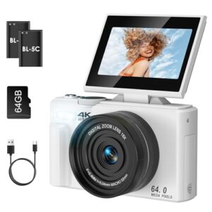 LAMA Câmera digital 4K UHD 64MP, zoom compacto de 18X com cartão de 64 GB, vlogging anti-vibração com luz de preenchimento, tela LCD de 3 polegadas 180 FILP, foco automático para estudantes