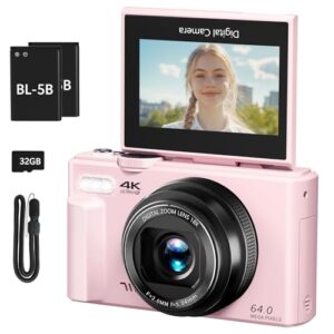 VJIANGER Câmera Digital 4K Para Fotografia, 64 Mp Vlogs No Youtube Com Tela Flip De 3" E 180°, Zoom 18X, Aponte Dispare, Cartão Micro Sd 32 Gb Iniciantes (Rosa)