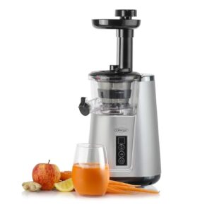 Omega Espremedor a frio 365 vertical 65 RPM extrator compacto de mastigação lenta para frutas e vegetais com trado de 3 estágios e recipiente sem BPA, 150 watts, prata