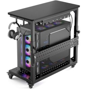 GreenForest Suporte para PC para jogos com rodas, altura ajustável e gerenciamento de cabos, capa E-ATX de 2 camadas, suporte de torre de computador com placa de suporte para CPU, impressora