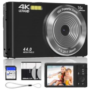Câmera digital 4K para adolescentes com foco automático de zoom de 16x, câmera digital pequena e compacta portátil para meninos/meninas com cartão SD 64G, 2 baterias (preto)