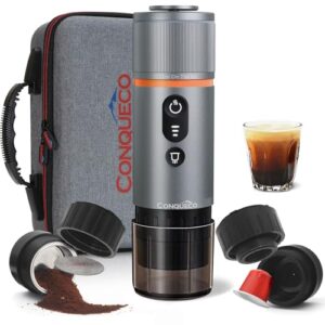 CONQUECO Máquina De Café Expresso Portátil Para Viagem: Cafeteira Automotiva De 12 V Com Bateria Para Camping - Pequena Elétrica - Aquecimento De 2,5 Minutos - Conjunto Com Café Moído E Cápsula Ns E