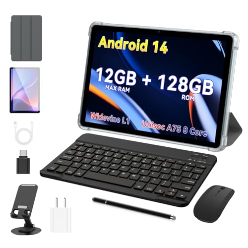Tablet Android 14, 128 GB e 12 GB, tablet de 10 polegadas. Octa Core, 1280 x 800 IPS, três câmeras, BT 5.0, WiFi, desbloqueado facial, Widevine L1, tablet com suporte para teclado, capa, mouse, Stylus