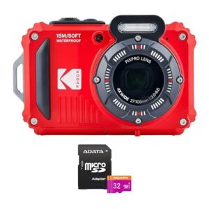 Kodak PIXPRO WPZ2 Câmera digital resistente à prova d'água de 16 MP com zoom óptico de 4X (vermelho) e cartão microSDHC de 32 GB com pacote de adaptadores (2 itens)