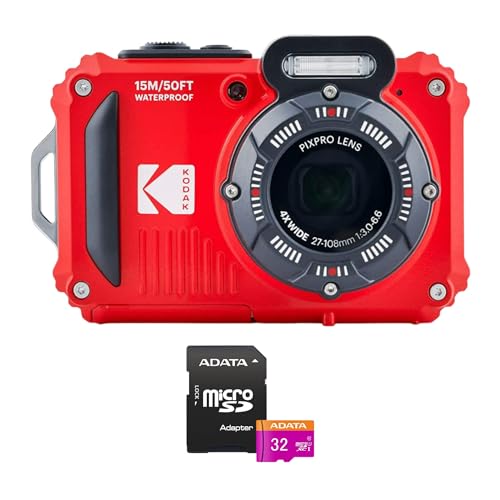 Kodak PIXPRO WPZ2 Câmera digital resistente à prova d'água de 16 MP com zoom óptico de 4X (vermelho) e cartão microSDHC de 32 GB com pacote de adaptadores (2 itens)