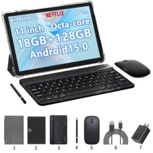 Tablet 2 em 1 de 11 polegadas, 18 GB + 128 GB, tablet Android 15, expansível de 1 TB, câmera de 13 MP, processador Octa-Core 5G WiFi 8000 MAH, bateria de 11 polegadas IPS HD Touchscreen Google Tableta