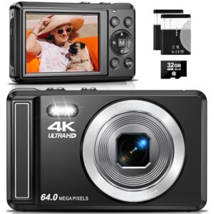 Câmera Digital 4K,Fotográfica para Vlog 64MP, Foco Automático, Zoom 16X,Tela IPS de 2.8 Polegadas para fotografia, Flash, Cartão SD de 32GB, Câmera Compacta,para Crianças e Adolescentes