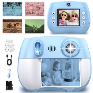 Câmera infantil com impressão instantânea 1080p frente traseira dupla selfie – Câmera digital infantil com videogames, papel de impressão de 32 GB e 5 cores/250 fotos, fácil de usar e ótimos