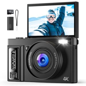 Câmera digital 4K para vlogging de fotografia: Câmeras de 64 MP para vídeo - Câmera fotográfica com zoom de 16X presentes para adolescentes de 8 a 18 anos - Tela flip de 180° Cámara compacta - Câmeras