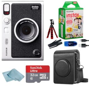 Fujifilm Pacote de câmera híbrida Instant Mini EVO com 20 folhas de filme instantâneo + cartão de memória de 32 GB + estojo de transporte + tripé flexível + pano de limpeza BluebirdSales (preto)