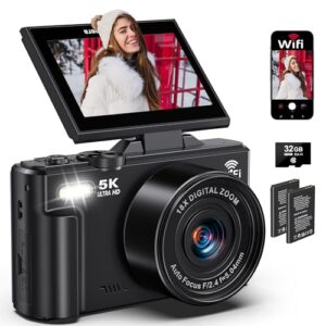 Câmera digital 5K para fotografia - Câmera vlogging WiFi de 75 MP para YouTube - Câmeras digitais UHD 18X Zoom com tela flip de 3 polegadas e 180° - Câmera flash de fotografia de viagem para