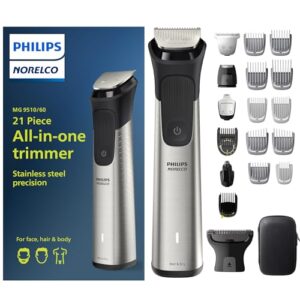 Philips Norelco Multigroom Series 9000-21 Kit de cuidados masculinos para barba, corpo, rosto, nariz, aparador de pelos da orelha com estojo de armazenamento premium, MG9510/60