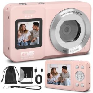 Câmera Digital, Câmera de Tela Dupla 4K 64MP, Zoom 18x, Aponte E Dispare 1 Baterias, Rosa, Camera Compacta, Time-Lapse, Temporizador, Vídeo HD(Cartão de Memória Não Incluído)