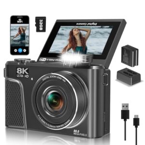 Câmera digital 8K, câmera vlogging de 88 MP para YouTube/fotografia com tela flip de 3 polegadas 180°, luz de enchimento, WiFi, filtros, recursos de beleza, inclui cartão SD de 32 GB e 2 baterias