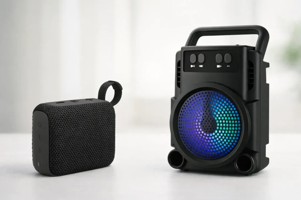 Caixa de Som Portátil GO 5W vs Caixa de Som Portátil Super Potente: Diferenças no som e design